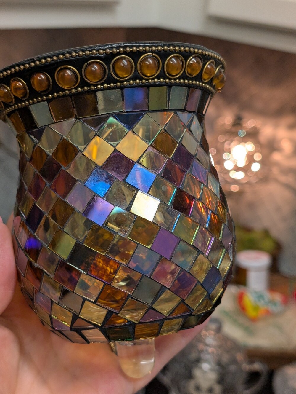 Amber Partylite Global Fusion Mosaic Glass Hurricane peglight  votive Globe (2)